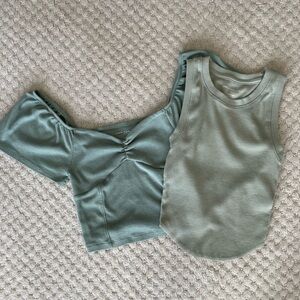 AE Bundle Cinched Front Flutter Sleeve & Ribbed Tank Crop Tops Sage Green XS